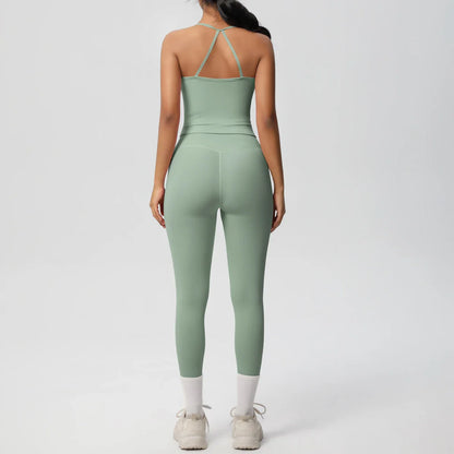 Halter Yoga Top Set Fitness Gym Suit Training Sleeveless Sport Gym Tops Crossover Back Sports Underwear  Tummy Control Slimming
