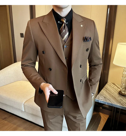 (Jackets+Pants) Luxury Double Breasted Design Slim Fit Suit High Quality Fashion Men's Wedding Social Suit Tuxedo 2 Piece Set