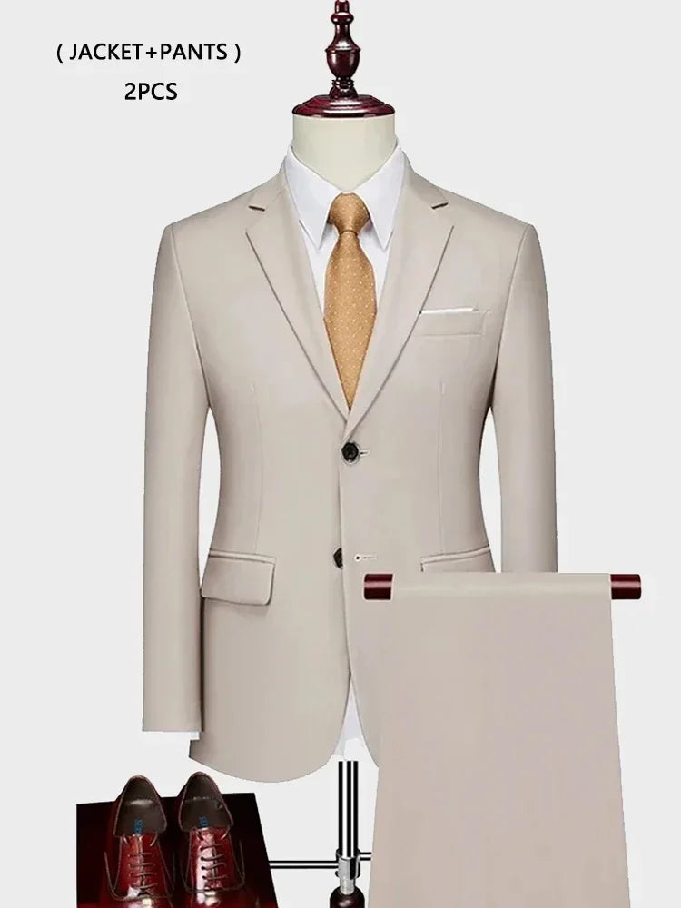 ( Jacket +Vest+ Pants ) Luxury Men's High-end Brand Solid Color Business Office Suit 3Pcs & 2Pcs Groom Wedding Party Suit Tuxedo