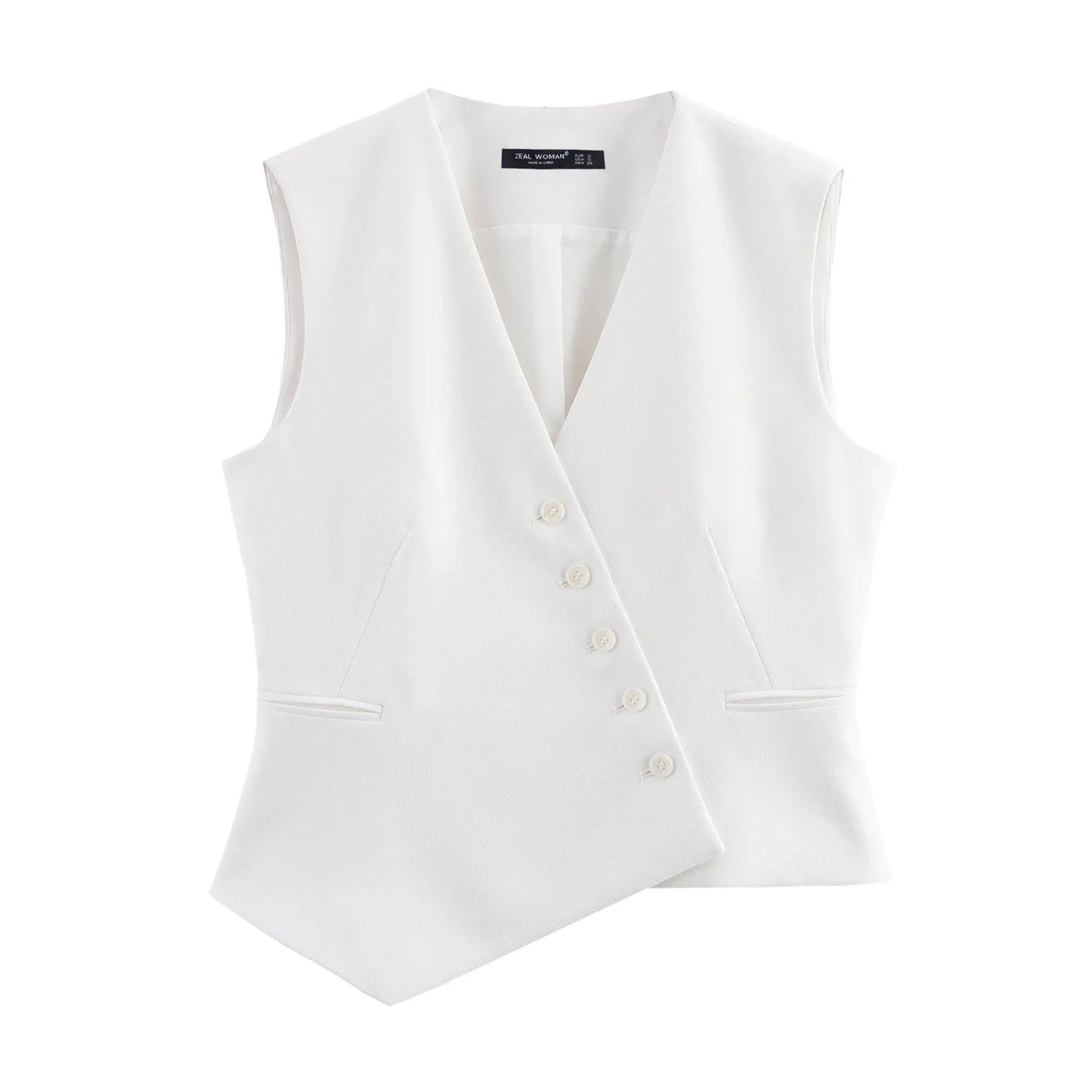 Casual Women Solid Tops Asymmetric V-Neck Single Breasted Pockects Sleeveless Vest Fashion 2025 Autumn Blazer Tops