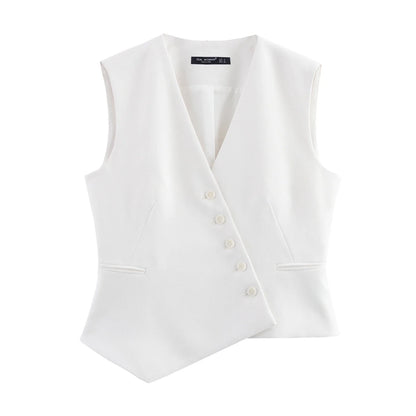 Casual Women Solid Tops Asymmetric V-Neck Single Breasted Pockects Sleeveless Vest Fashion 2025 Autumn Blazer Tops