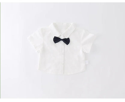 Baby Boys Gentleman 2pcs Overalls Set Bow Tie White Shirt+Suspender Shorts 1st Birthday Outfits Kids Handsome Suit
