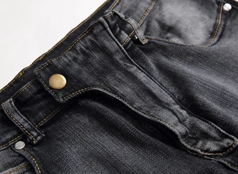 Calça Jeans Masculina Nova Casual Moto Hip Hop Rua Equitação Elástica Slim Reta Patchwork Moda Calças Jeans Masculinas