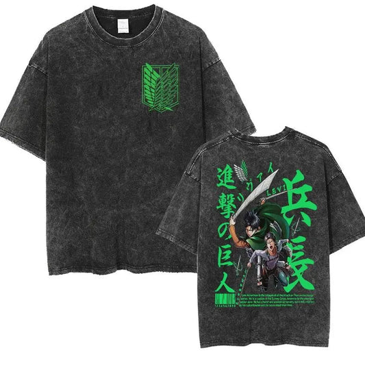 2026 Oversized Vintage Washed T-shirt Man Attack on Titan Women Short Sleeve Tee Streetwear Anime Print Casual Tops Summer Y2k