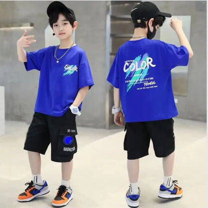 Children's set 2026 new Korean version boys' summer printed letter round neck short sleeved shorts two-piece set 4-12Y