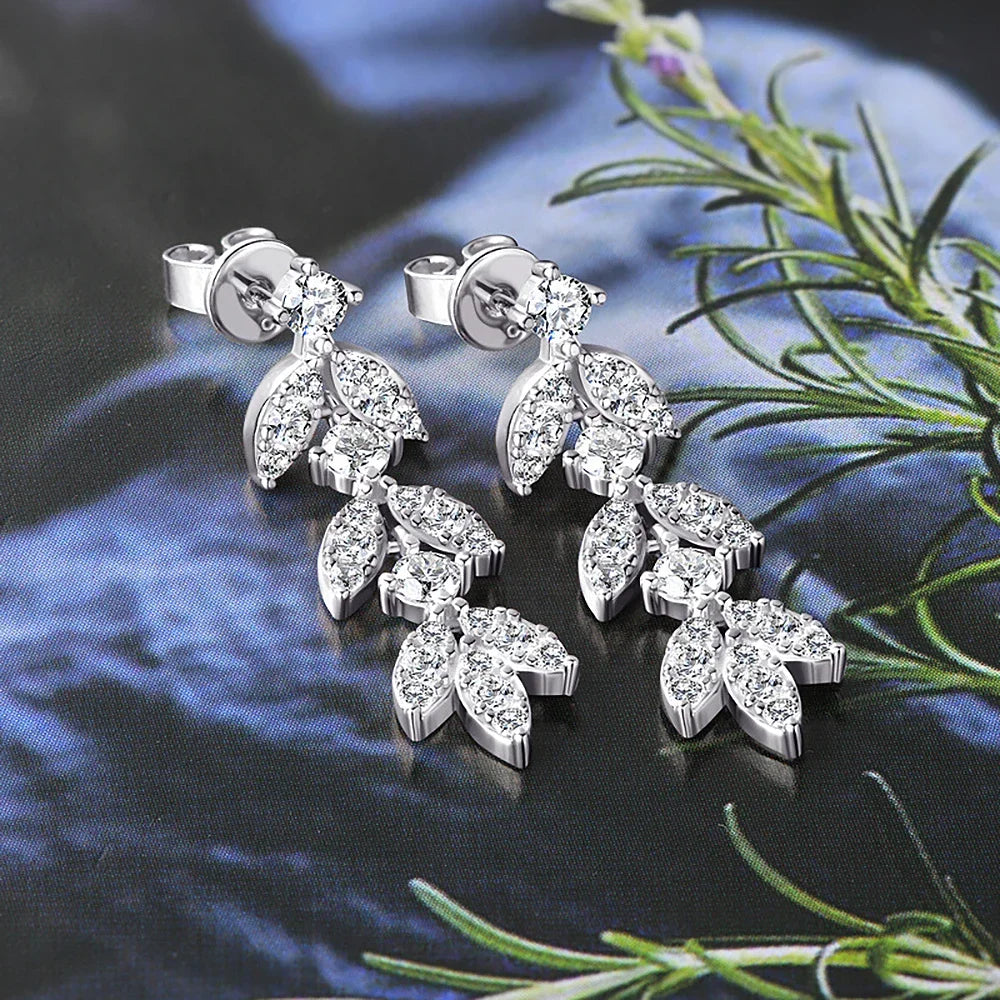 0.6cttw Long Tassel Moissanite Diamond Drop Earrings for Women 925 Sterling Silver Plated Gold Luxury Leaf Earrings Fine Jewelry