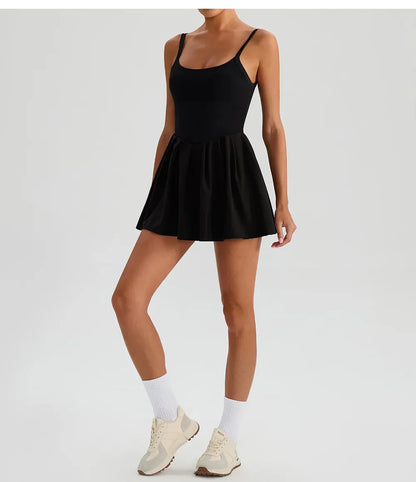 Women's Summer Sleeveless Sports Dress Breathable Tennis Dress One-Piece Mini Skirt Golf Skirts Jumpsuit With Pockets