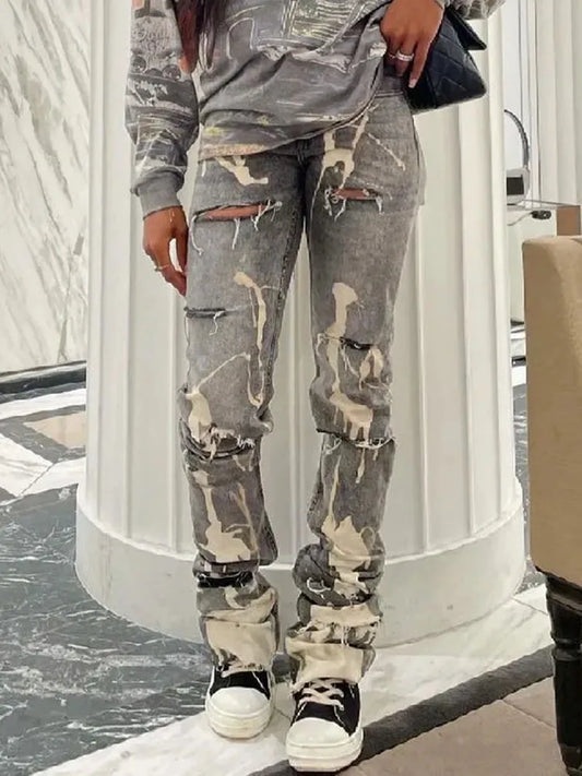 Women Fashion Gray Print High Waist Denim Skinny Trousers