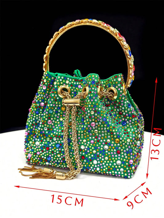 Shiny Italian Fashion Women’s Pointed Toe Heels with Rhinestone Detailing & Matching Green Color Bag Set
