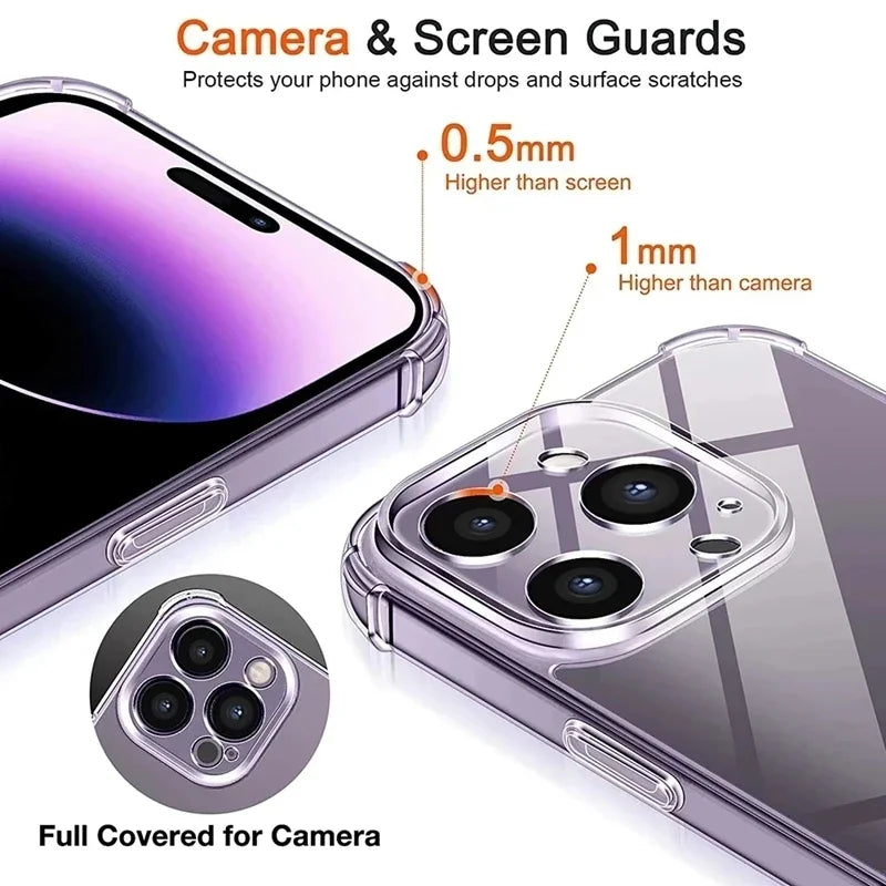 Shockproof Silicone Clear Phone Case For iPhone 13 11 12 14 17 Pro Max Mini Lens Protection Back Case For iPhone 15 16 PRO XS XR