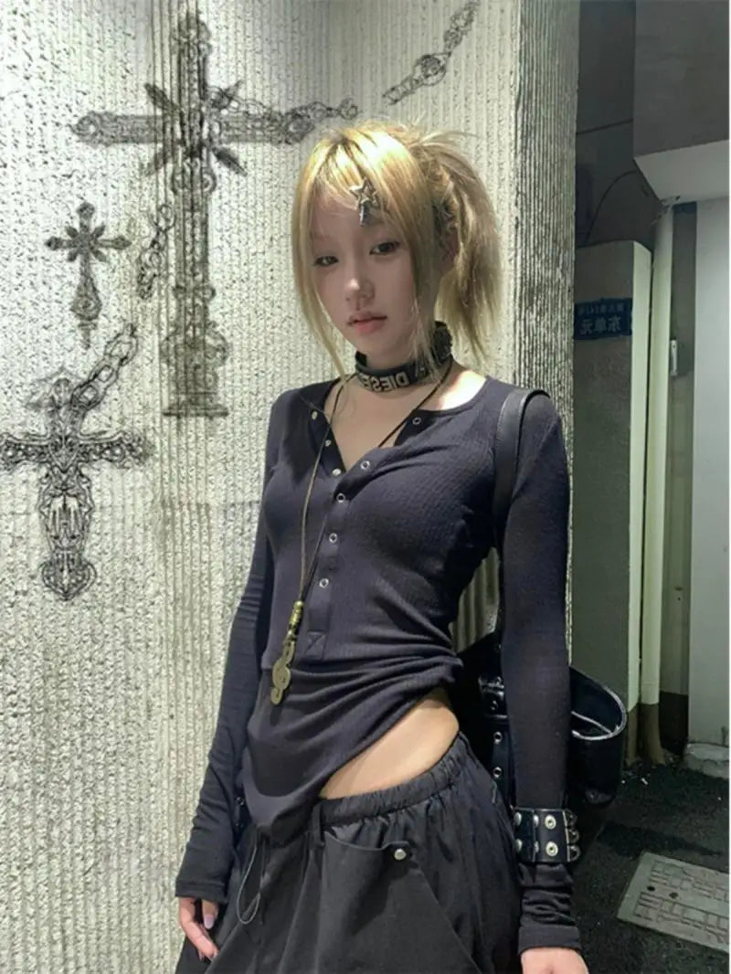 Y2k Japanese T Shirt Women Lace Long Sleeve Print Graphic Tops Streetwear American Retro 90s Crop Tops Autumn Tshirts