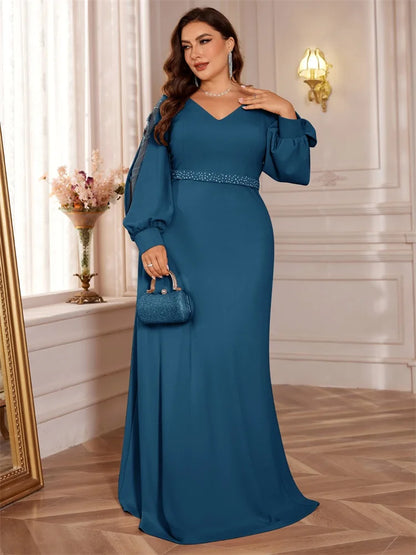 Plus Size Luxury V-Neck Red Long Sleeves Applique Formal Evening Dresses Women V-back Wedding Party Maxi Guest Gowns
