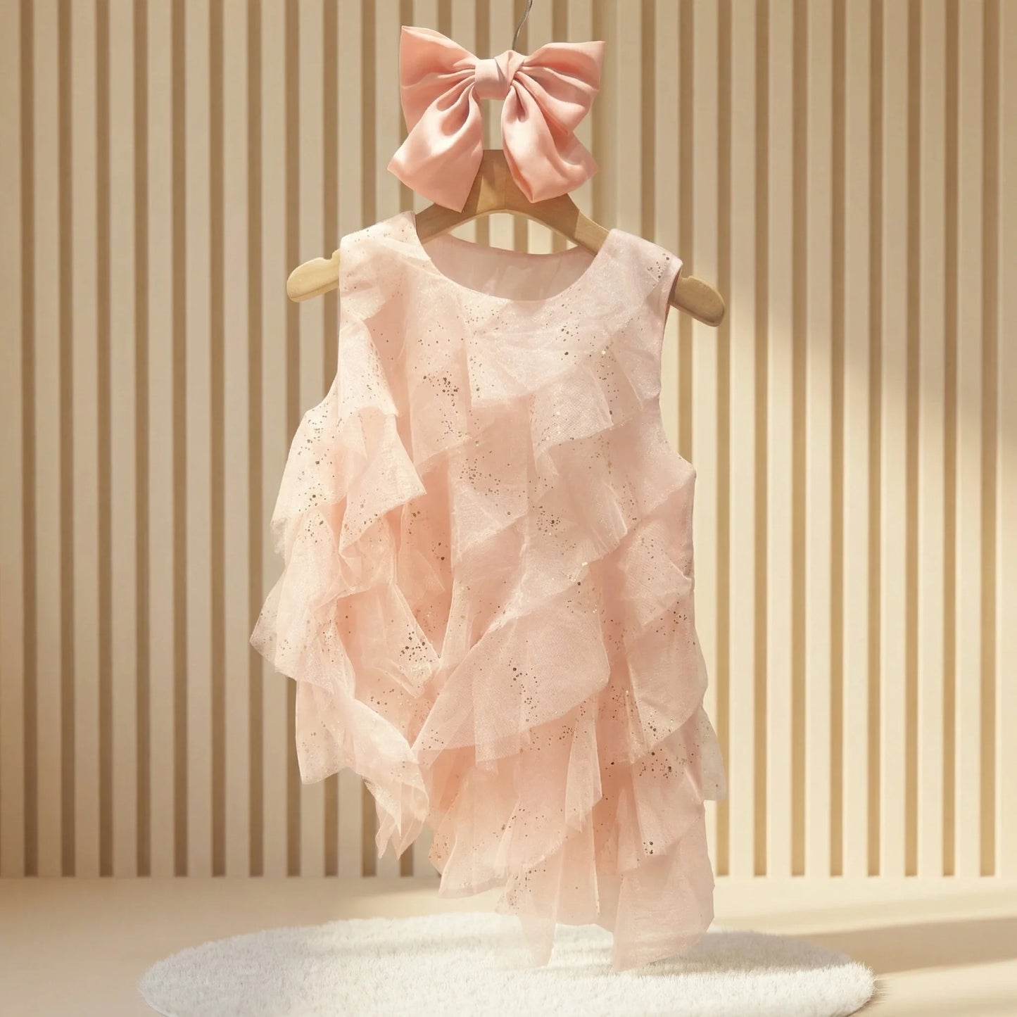 2026 Girls Pink Ruffle Tulle Dress Princess Sequin Layered Party Dress Kids Sleeveless Mesh Summer Vestidos Children Casual Gown