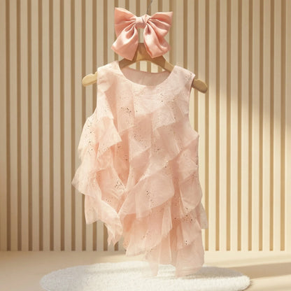 2026 Girls Pink Ruffle Tulle Dress Princess Sequin Layered Party Dress Kids Sleeveless Mesh Summer Vestidos Children Casual Gown