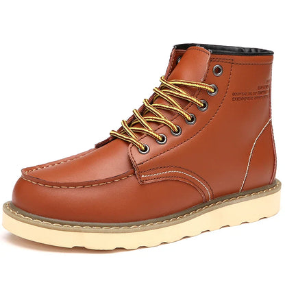 High-top men's leather shoes Fashion motorcycle ankle boots Autumn and winter lace-up casual work men's shoes leather flats