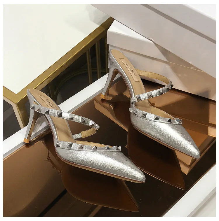 2025 New Genuine Leather Gladiator Pumps Sandals Luxury Metal Rivets Summer Women Outdoor Slippers Black Fashion High Heels 41