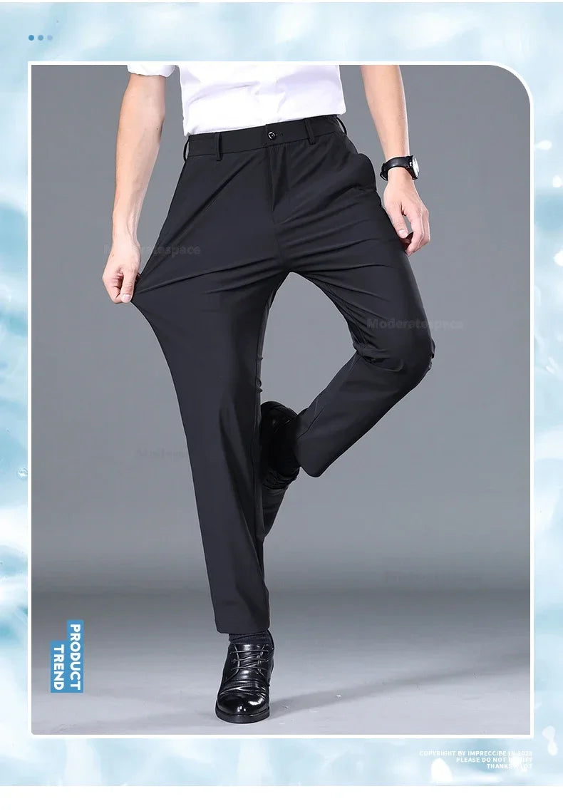Summer Thin Stretch Trousers Men Elastic Waist Korean Classic Black Gray Blue Business Casual Formal Pants Male Brand
