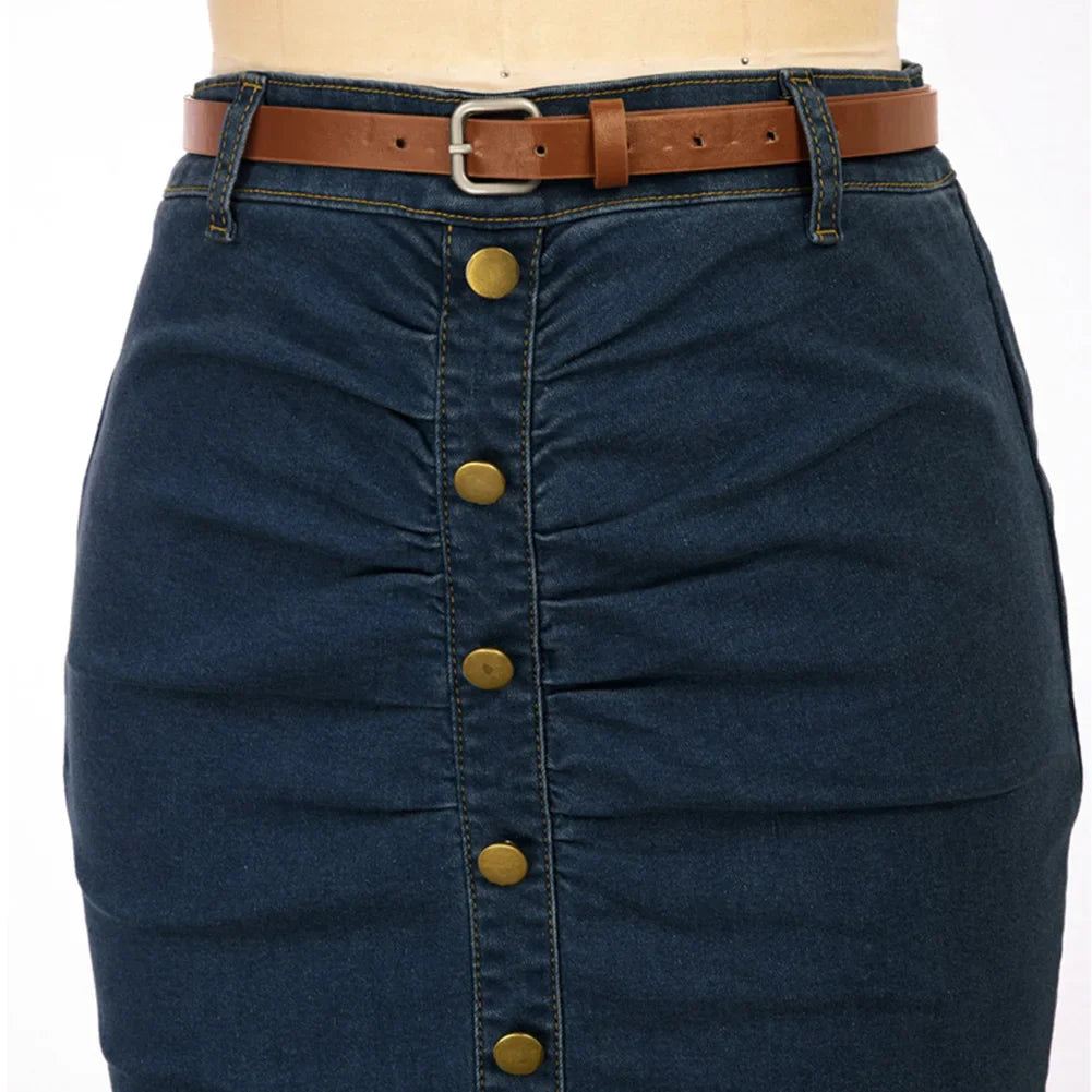 BP Women Vintage Jean Skirt With Belt High Waist Ruched Front Bodycon Skirt