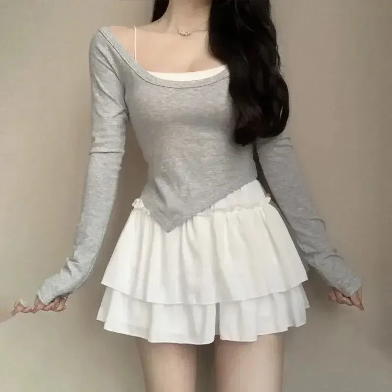 Pleated A-Line Skirt Women White Ruffle Sweet Tierred Pretty Style Skirt Elastic Waist Summer Slim Basic Korean Harajuku Dress