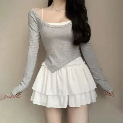 Pleated A-Line Skirt Women White Ruffle Sweet Tierred Pretty Style Skirt Elastic Waist Summer Slim Basic Korean Harajuku Dress