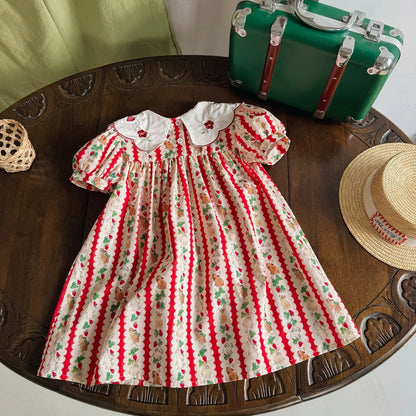 Kid Girl Adorable Short Sleeve Dress Red White Vertical Stripes Bunny Strawberry Print Peter Pan Collar Skirt for Children