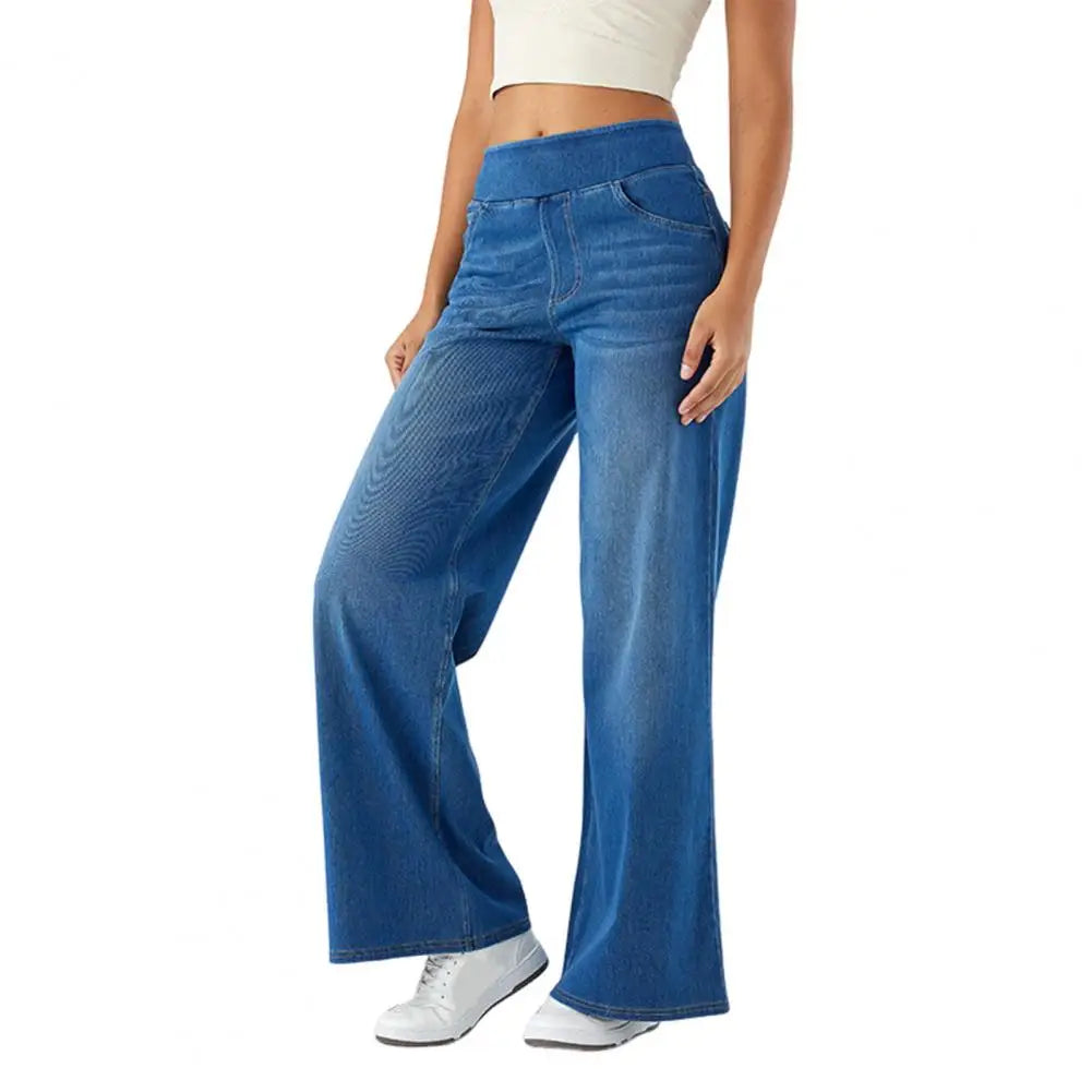 Wide Leg Jeans Solid Color Elastic High Waist Lady Pants