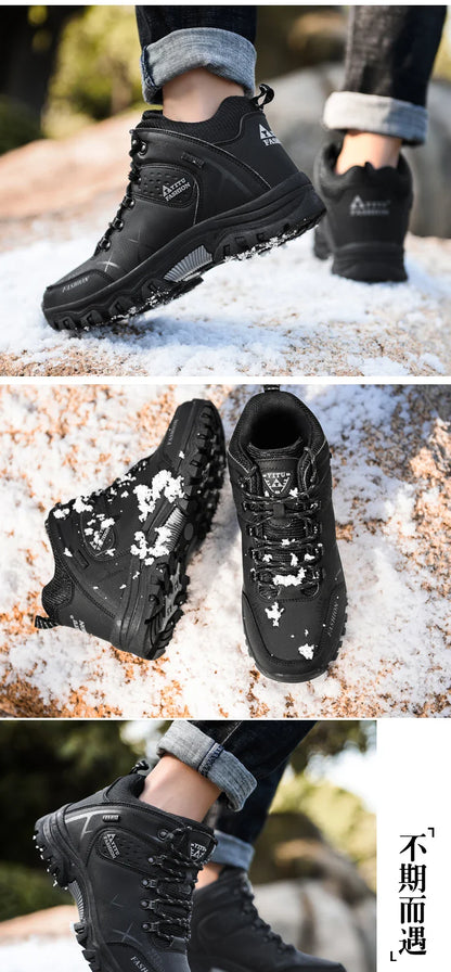 Winter Warm Cotton Shoes Men Outdoor Leather Black Casual Shoes Fur Sneakers High Top Rubber Ankle Boots Male Hiking Trekking 46
