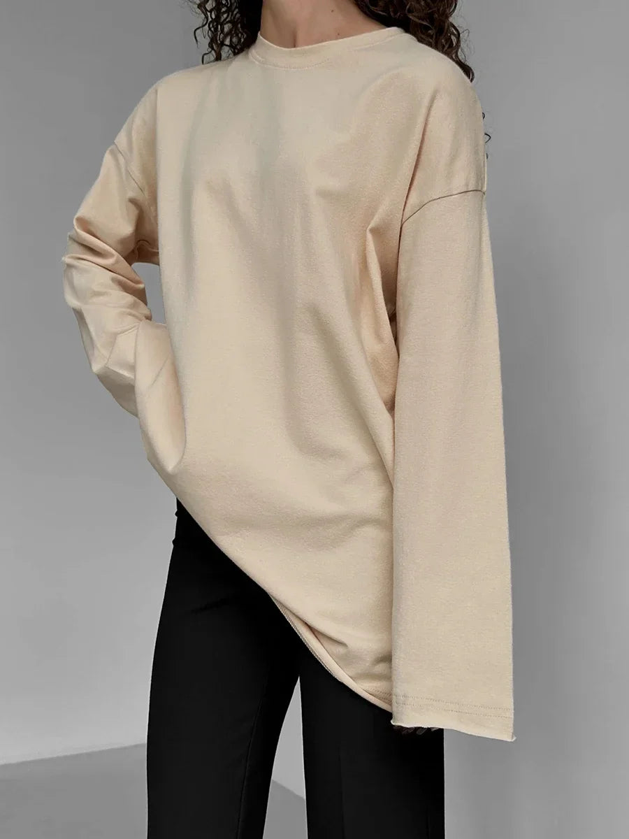 Women Summer 100% Cotton T-shirt Bottoming Spring Basic Fashionable Solid Lady Long Sleeve Loose Tops Shirts