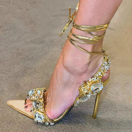 Sexy Gold Sandals Women Crystal Diamond Party Nightclub Stripper Pumps Stiletto High Heels Pointed Toe Banquet Wedding Shoes