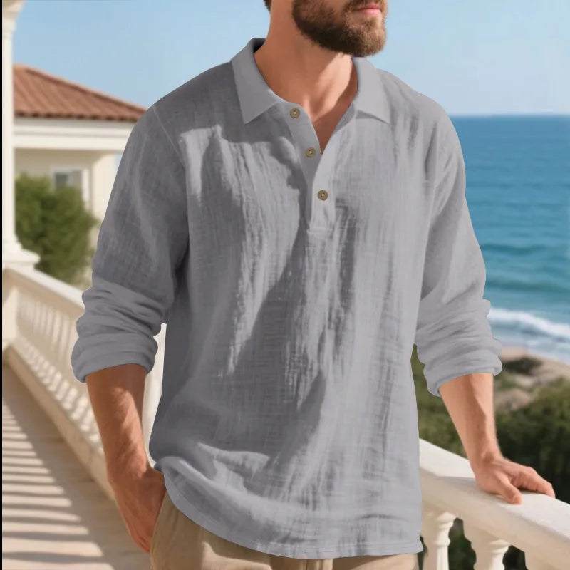 Linen shirt stand-up collar button-down men's loose casual breathable V-neck long-sleeved polo shirt