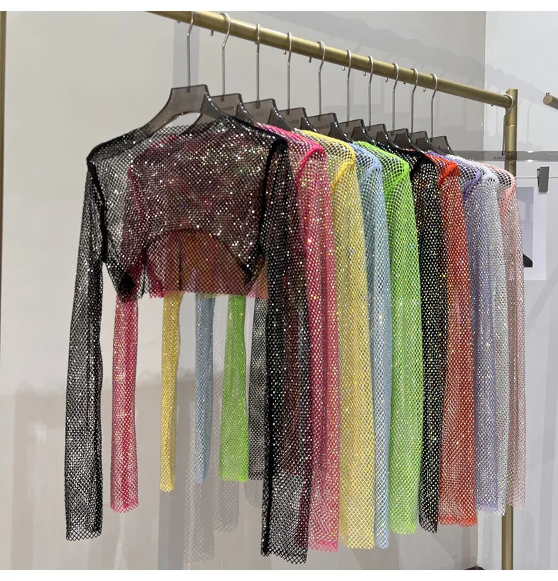 new sexy bright diamond short top Slim thin Ms. hot drill long-sleeved T-shirt sexy leak waist nightclub