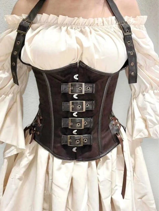 PU Leather Corset Sexy Steampunk Corset Top Halter Corselet Shapewear Women Tummy Control Bustier Lace Up Halloween Costume