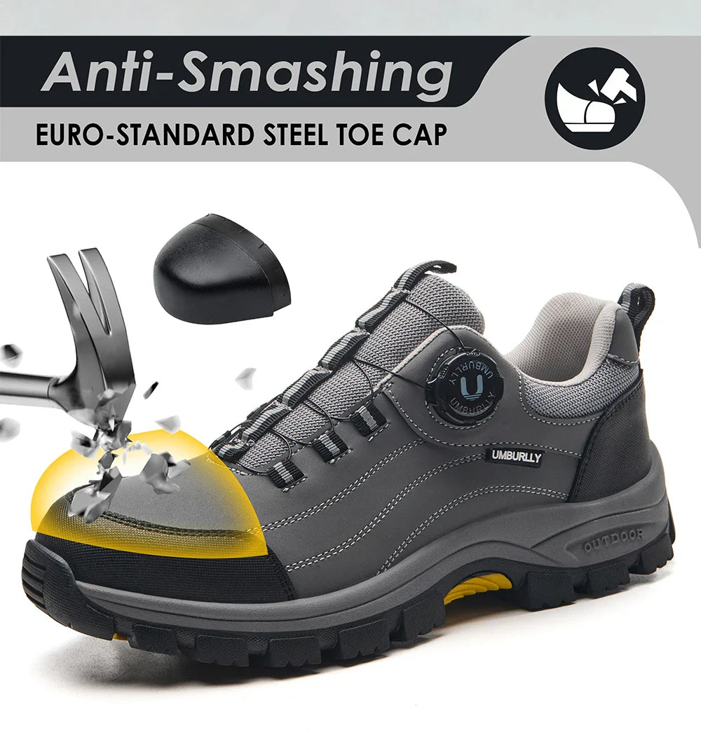 Men's Steel-Toed Safety Shoes With Anti-Crush, Anti-Puncture And Anti-Slip Soles, Fashionable Button Industrial Work Shoes