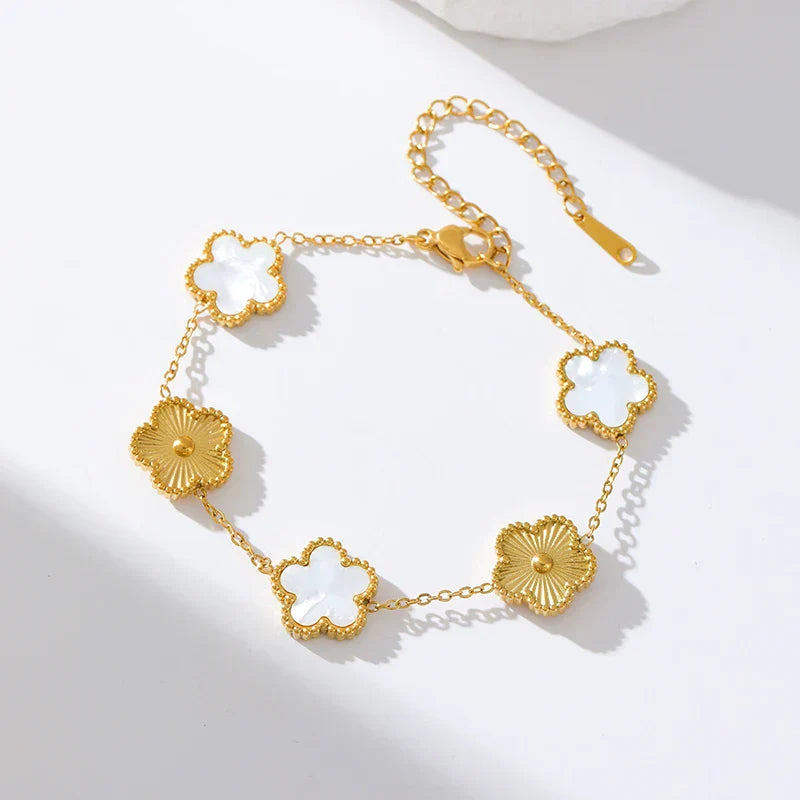 Stainless Steel White Plum Blossom Plant Leaf Flower Set Reversible Necklace Earrings Bracelet Women Clover Jewelry