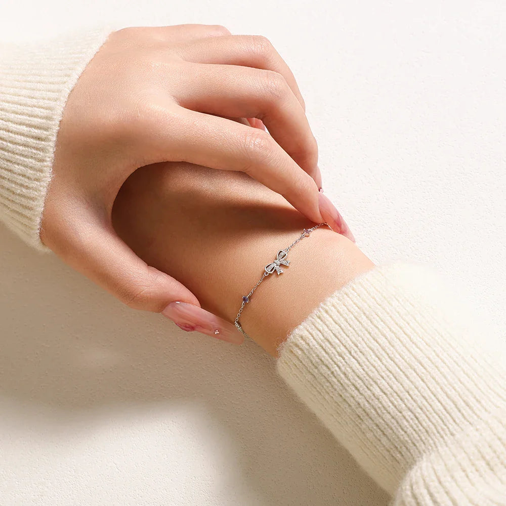 925 Sterling Silver Bow Moissanite Bracelet Sweet Original Design Colorful Pink Zircon Bracelets for Women Party Gifts