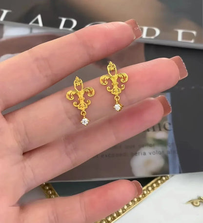 24K Real Gold Iris Earrings 9999 Ancient Fashionable and Versatile Women's Earrings Niche Design Earrings