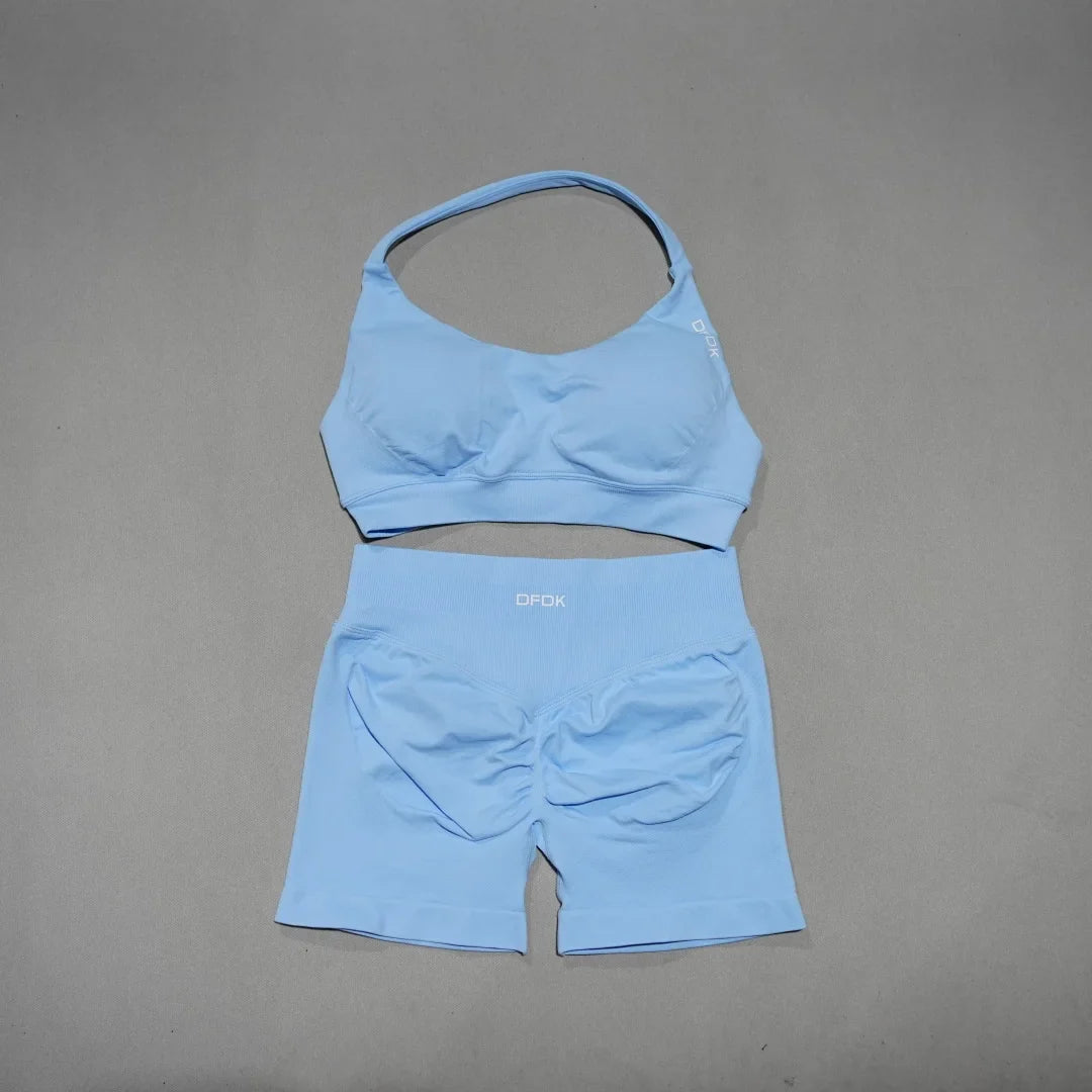 Women's Fashion 2 Piece Sports Set Lace Up Sports Bra Seamless Shorts Leggings Yoga Gym Fitness Running Tracksuit
