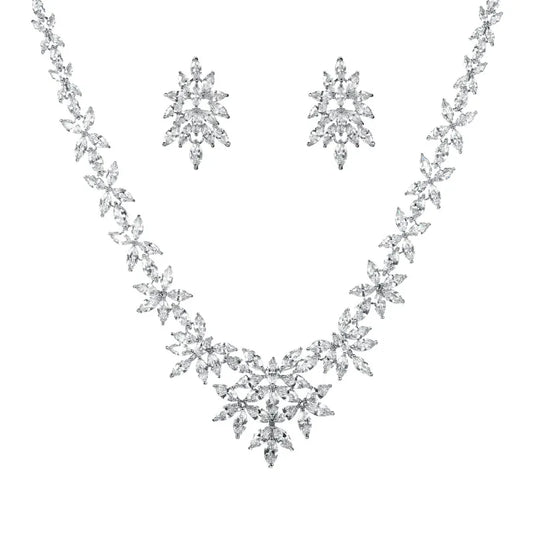 Brand Luxury Marquise Cut Cubic Zirconia Cluster Wedding Necklace and Earring Bridal Jewelry Set