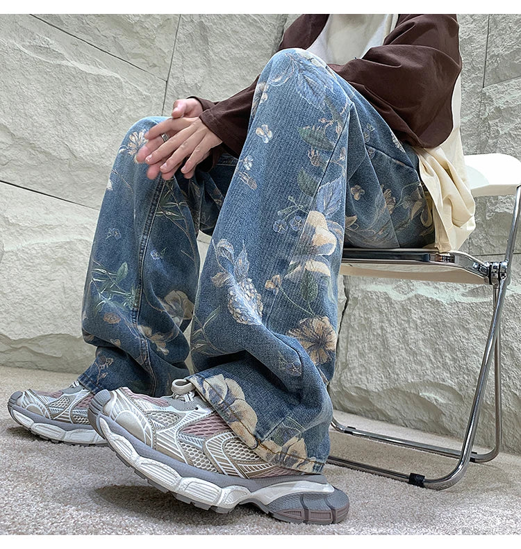 Mens Fashion Printed Jeans 2024 Spring Floral Denim Mopping Trousers Korean Style High Street Loose Hip Hop Wide-leg Jean Pants