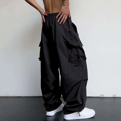 Cool Streetwear Versatile Quicky Drying Wide Leg Low Waist Drawstring Cargo Trousers Fashion Daily Casual Pockets Pants For Male