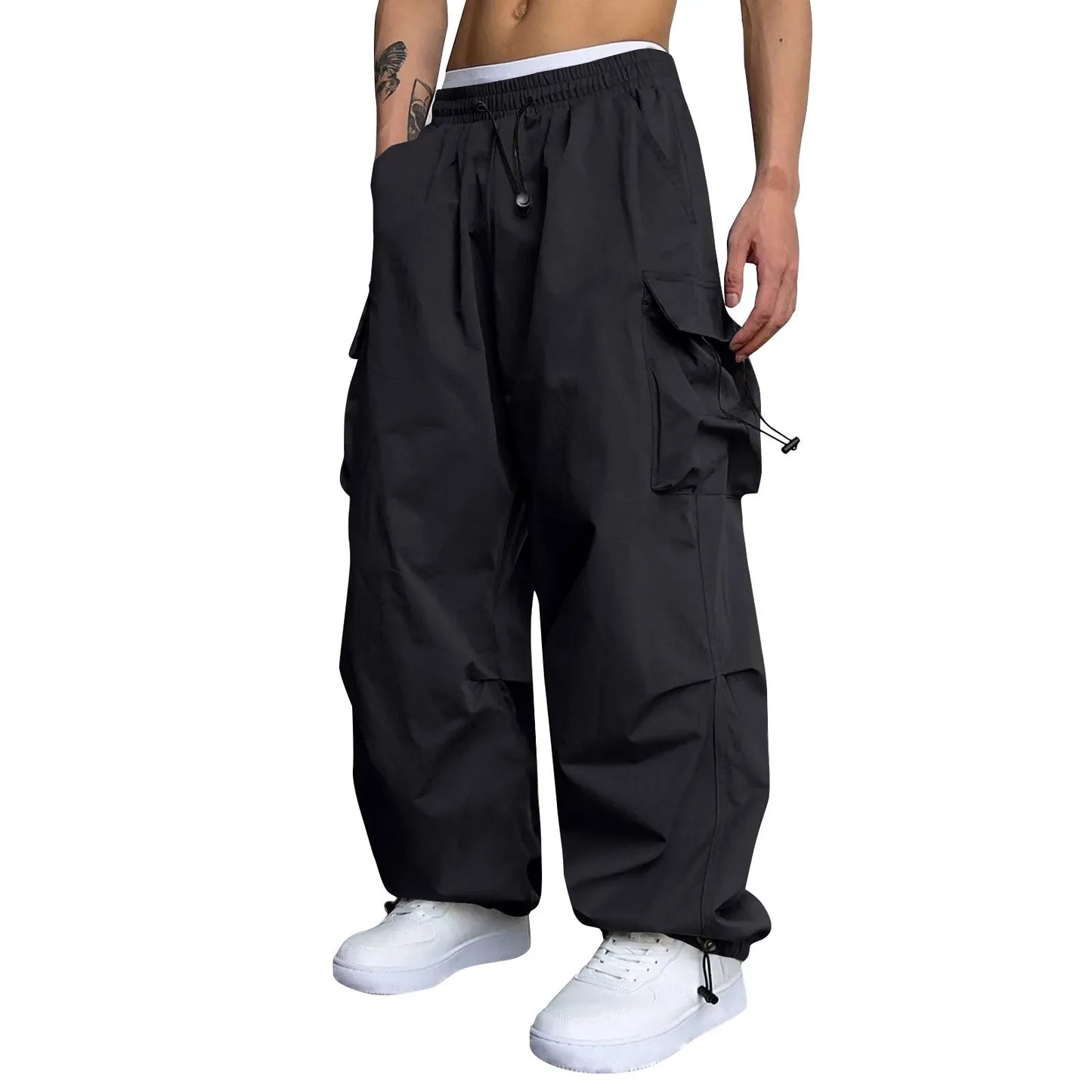 Cool Streetwear Versatile Quicky Drying Wide Leg Low Waist Drawstring Cargo Trousers Fashion Daily Casual Pockets Pants For Male