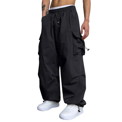 Cool Streetwear Versatile Quicky Drying Wide Leg Low Waist Drawstring Cargo Trousers Fashion Daily Casual Pockets Pants For Male