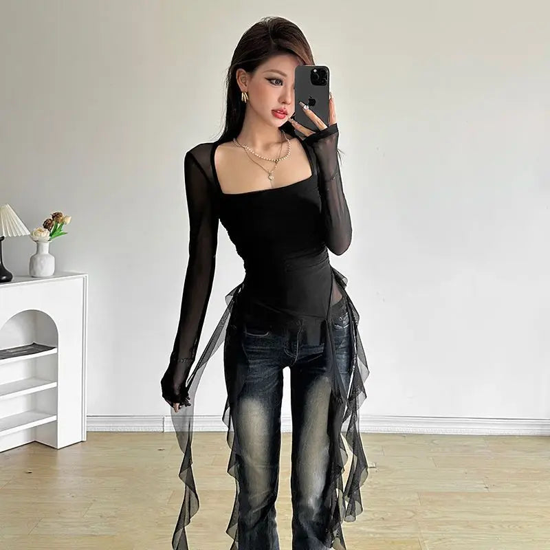 Long Sleeve Sexy T-Shirts Fashion Women Y2K Irregular Asymmetrical Korean Crop Tops Casual Sheer Mesh Autumn Chic Tees