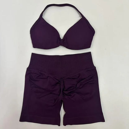 Impact Womens 2 Piece Yoga Set Strappy Seamless Sports Bra and High Waist Scrunch Shorts for Gym Workout and Fitness Training