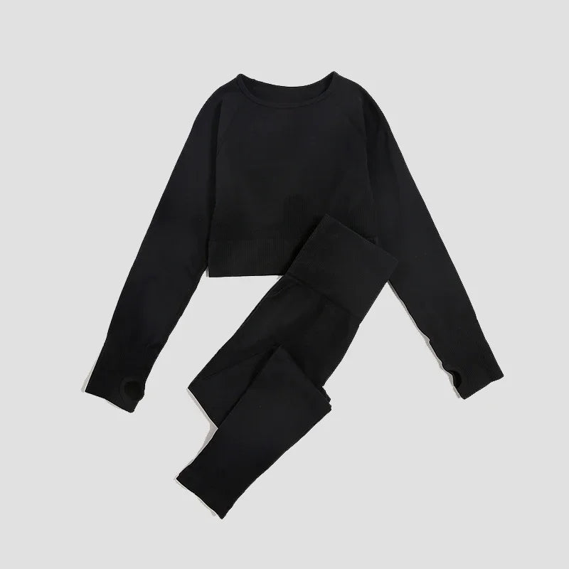 2/3Pcs Women Seamless Fitness Yoga Suit Workout Long Sleeve Crop Top Shirt Sports Bra High Waist Running Leggings Gym Clothing