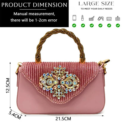 Nigerian Women's Pink High Heel Frosted Crystal Shiny Rhinestone Party Italian Design Pointed Shoes And Bag Set