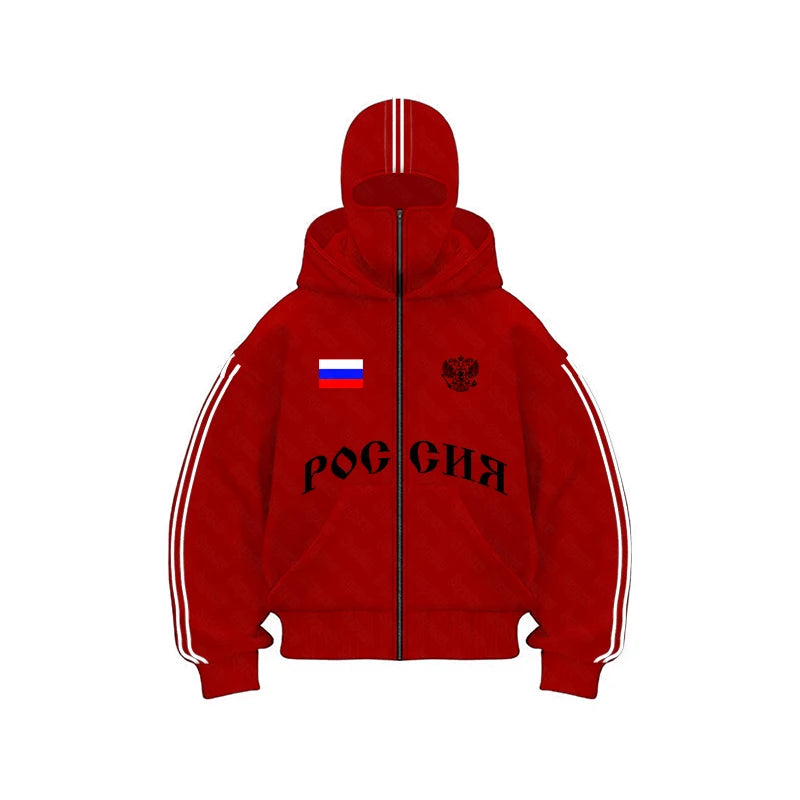 Vintage Double Zip Hoodies Y2K Clothes Men Hip Hop Lettering Graphic Oversized Hoodies Sweatshirts Casual Jacket