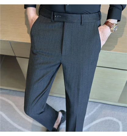 Men's Wool Blend Dress Pants, Elastic Waist Business Trousers, Tapered Slim Fit, Charcoal Gray Black Navy