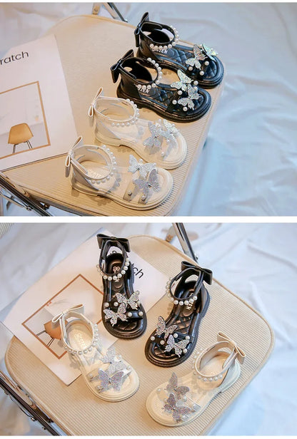 Kids Roman Sandals 2024 New Girls'  Princess Shoes with Butterfly Girl Fashion Sweet Pearl Beach Shoes with Back Knot Anti Slip