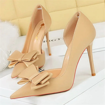 2024 Women 10.5cm High Heels Sweet Korean Side Hollow Pumps Lady Party Purple Green Kawaii Bowknot Heels Prom Silk Satin Shoes